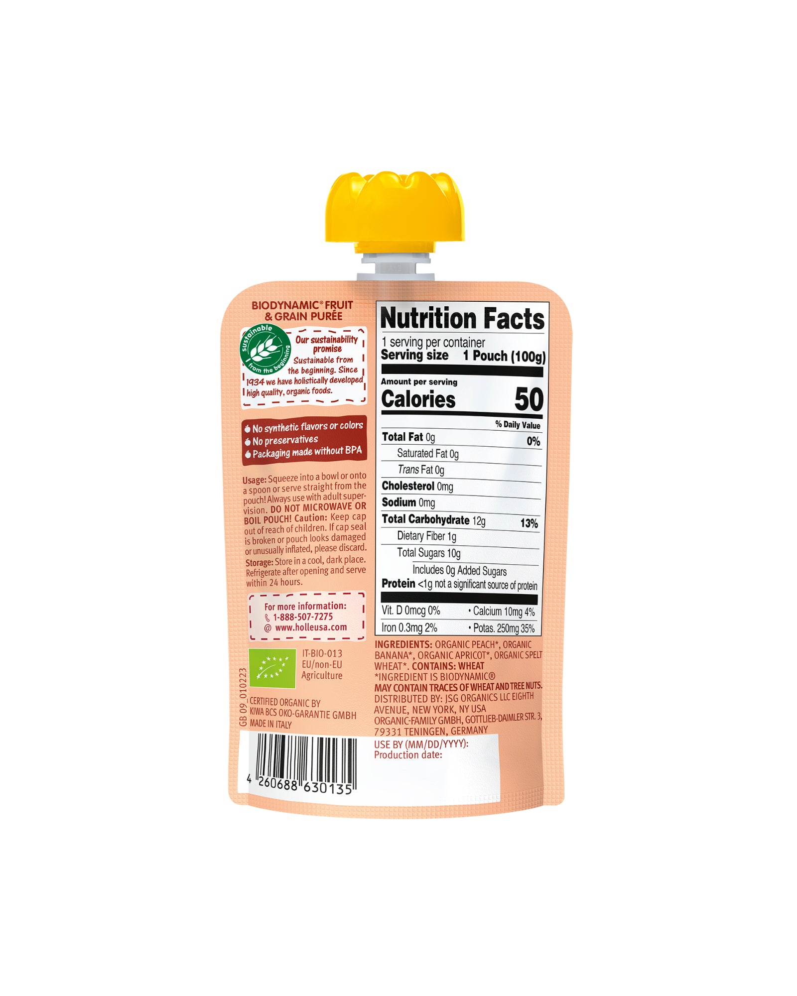 The back of Holle Organic Peach, Apricot, Banana and Spelt Baby Food - Box of 6