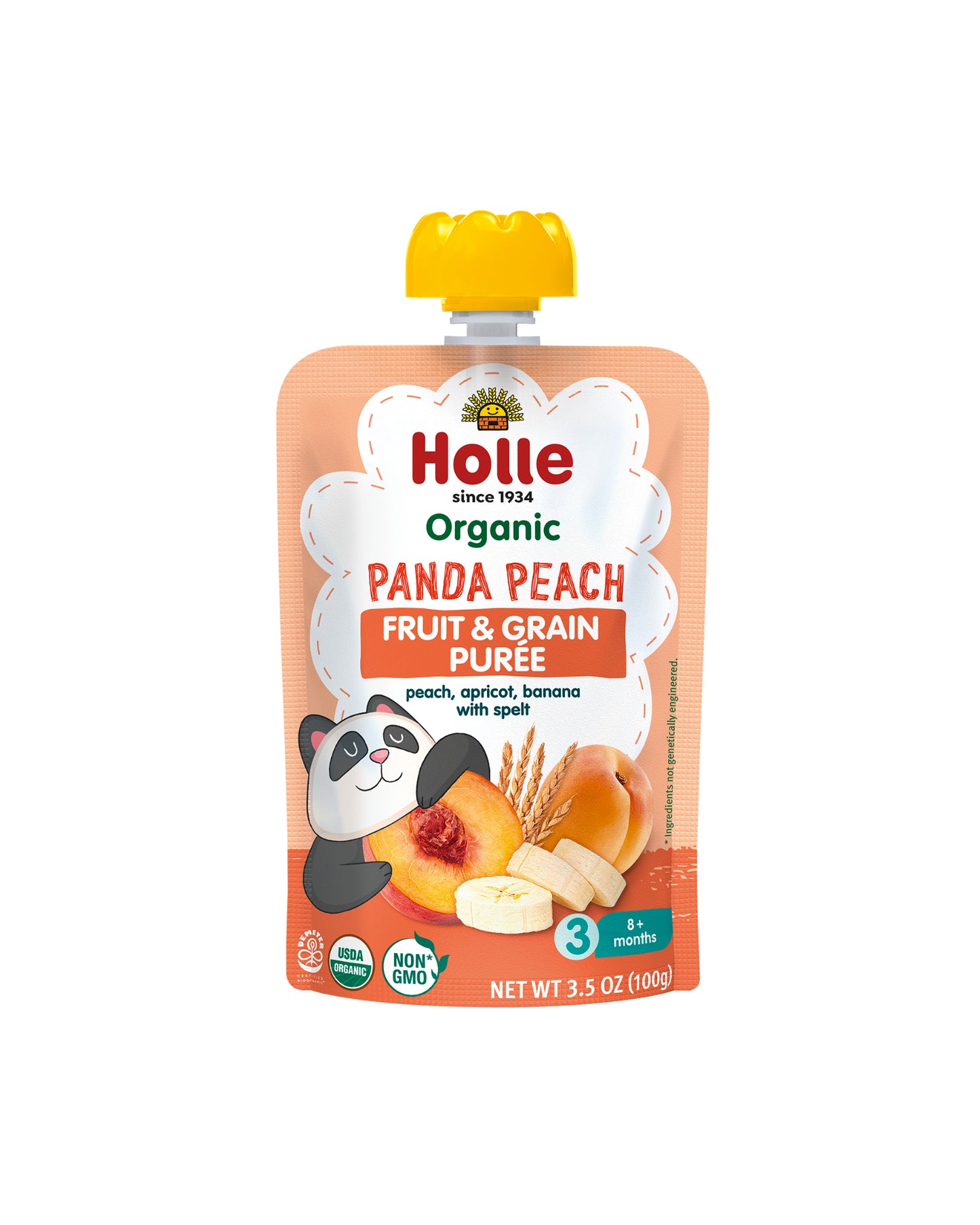 The front of Holle Organic Peach, Apricot, Banana and Spelt Baby Food - Box of 6