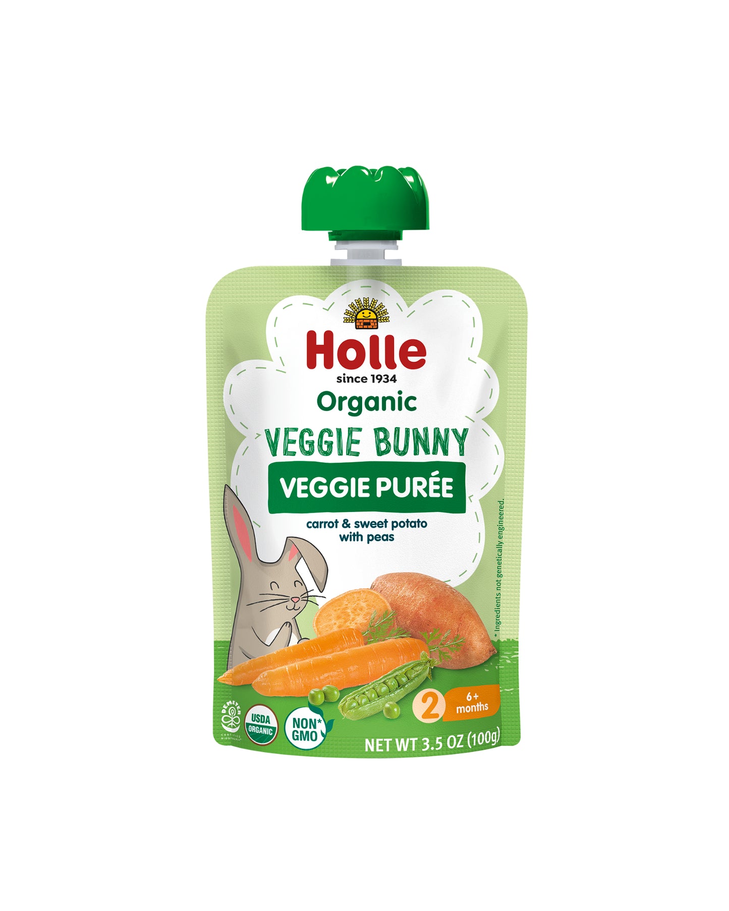 The front of Holle Organic Carrot & Sweet Potato with Peas Baby Food - Box of 6