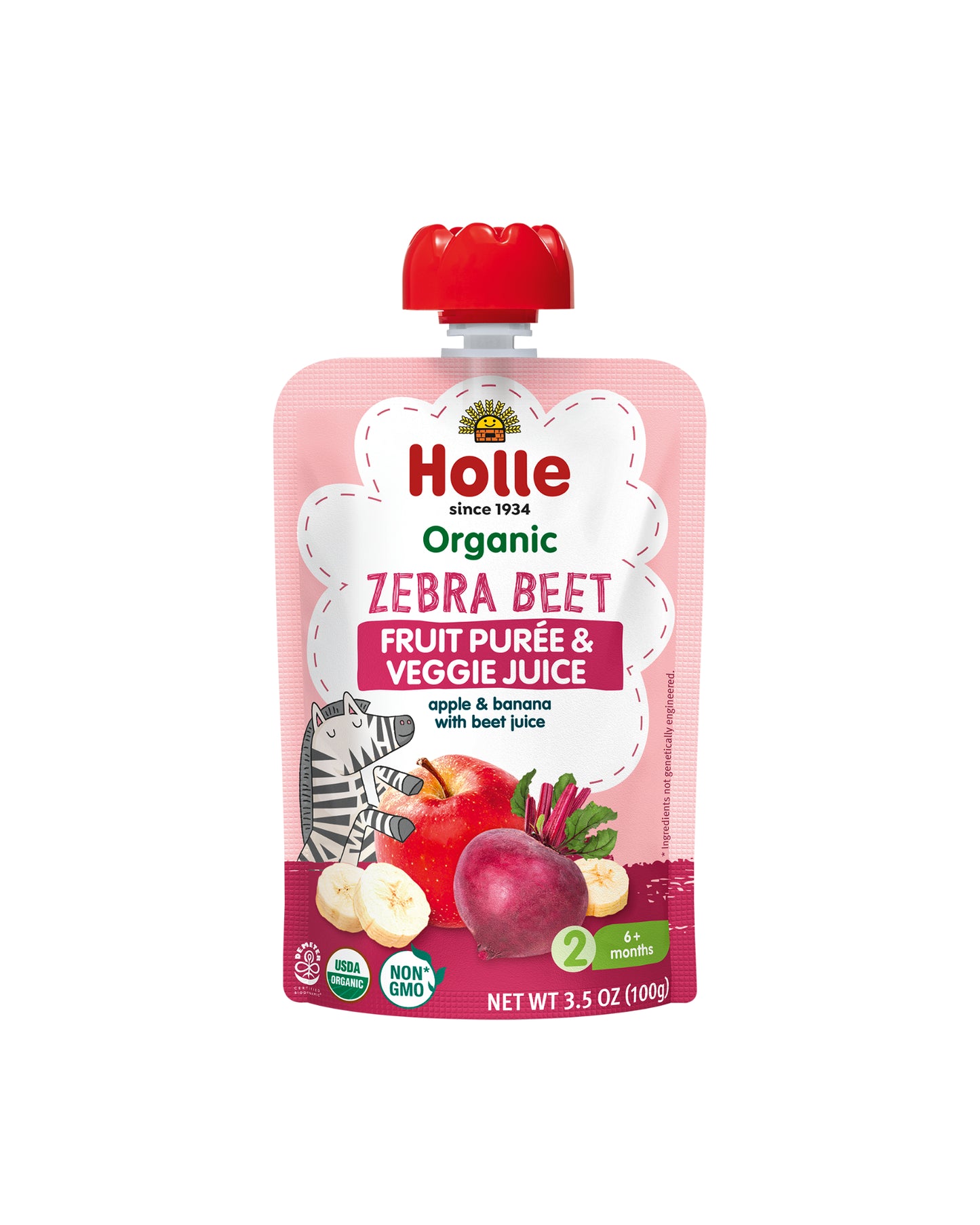 The front of Holle Organic Apple, Banana and Beet Baby Food - Box of 6