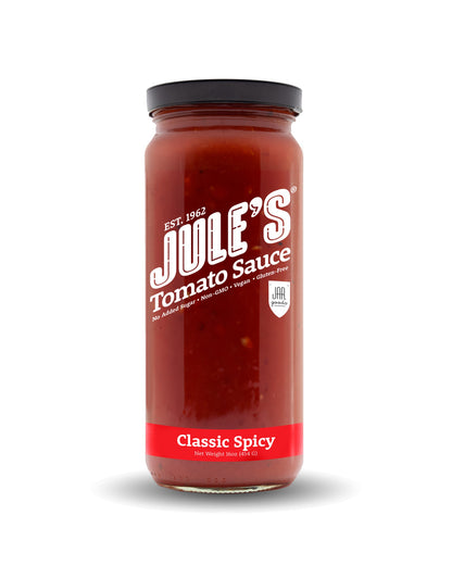 The front of Jule's Tomato Sauce Classic Spicy Tomato Sauce