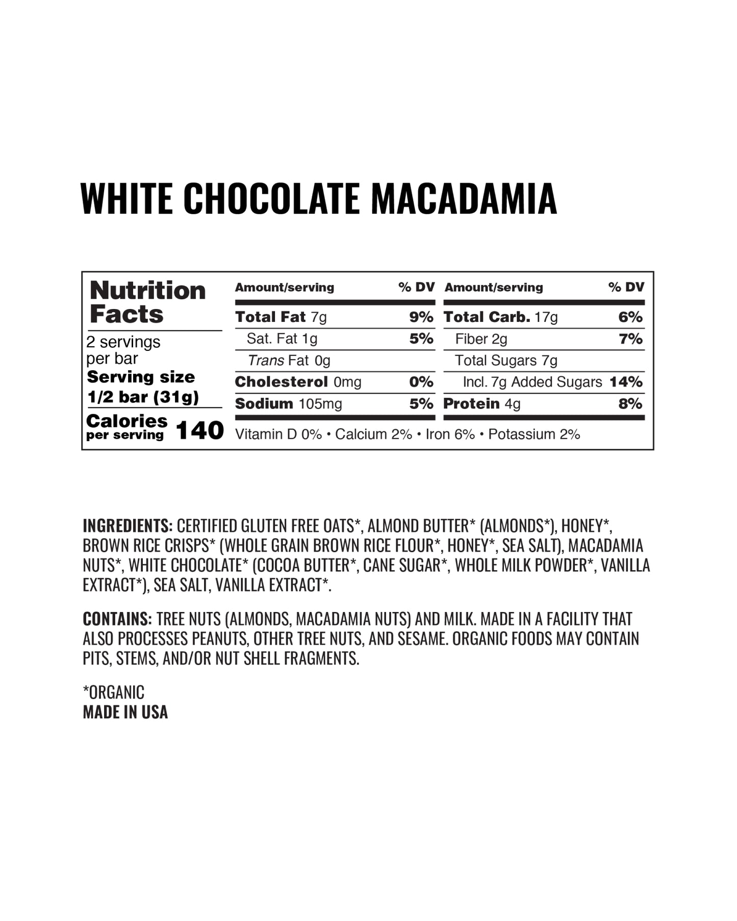 White Chocolate Macadamia Organic Granola Bars - Box of 12