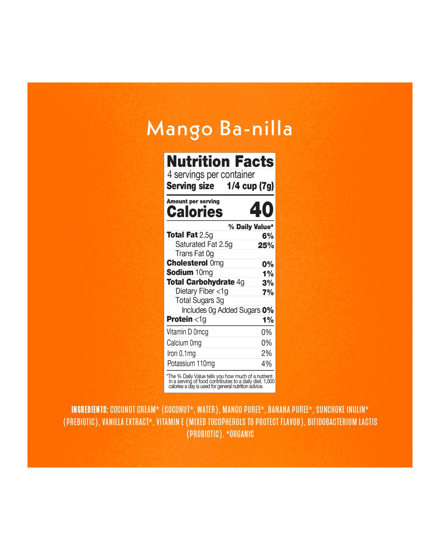 The nutrition panel of Once Upon A Farm Mango Ba-nilla Coconut Melts