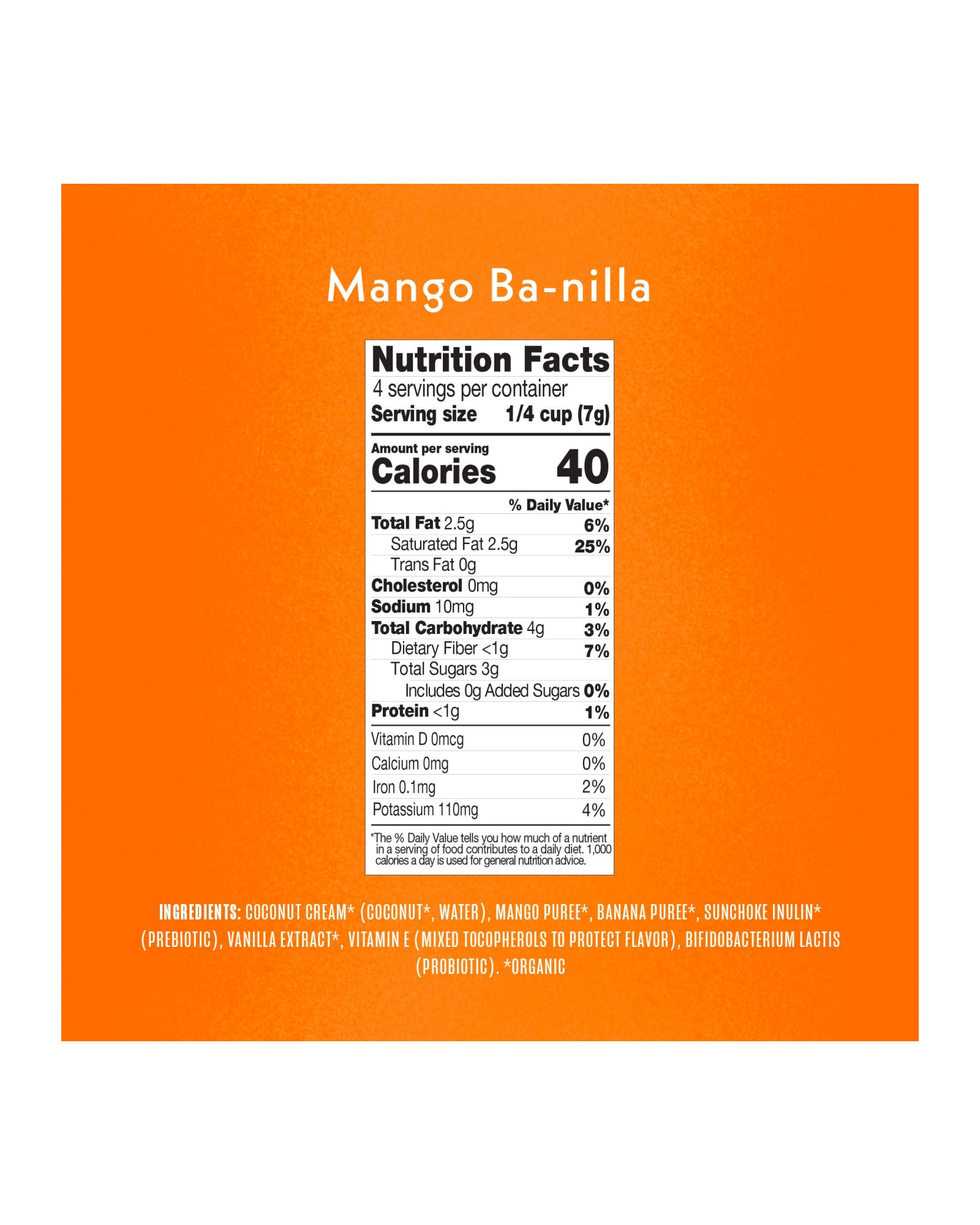 The nutrition panel of Once Upon A Farm Mango Ba-nilla Coconut Melts