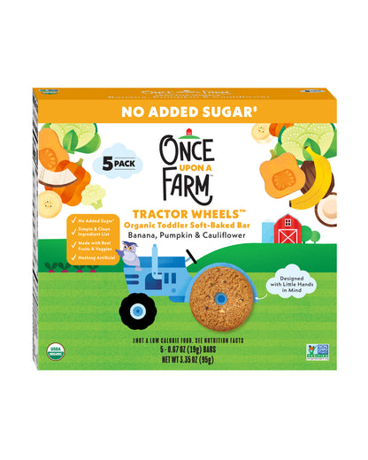 The front of Once Upon A Farm Banana, Pumpkin & Cauliflower Tractor Wheels