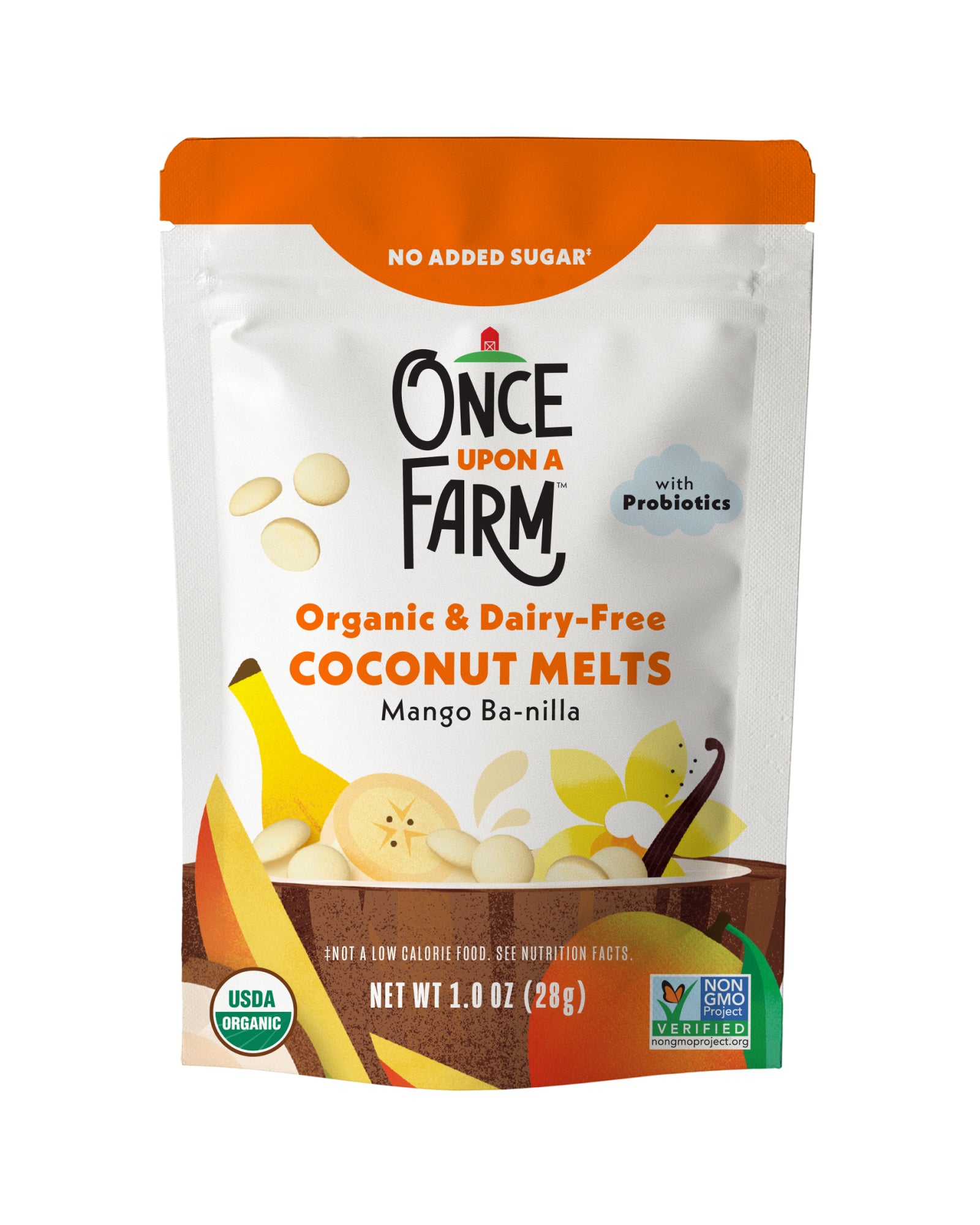 The front of Once Upon A Farm Mango Ba-nilla Coconut Melts