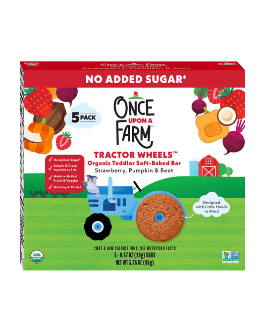 The front of Once Upon A Farm Strawberry, Pumpkin & Beet Tractor Wheels