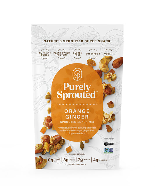 The front of Purely Sprouted Orange Ginger Sprouted Nut and Seed Snack Mix