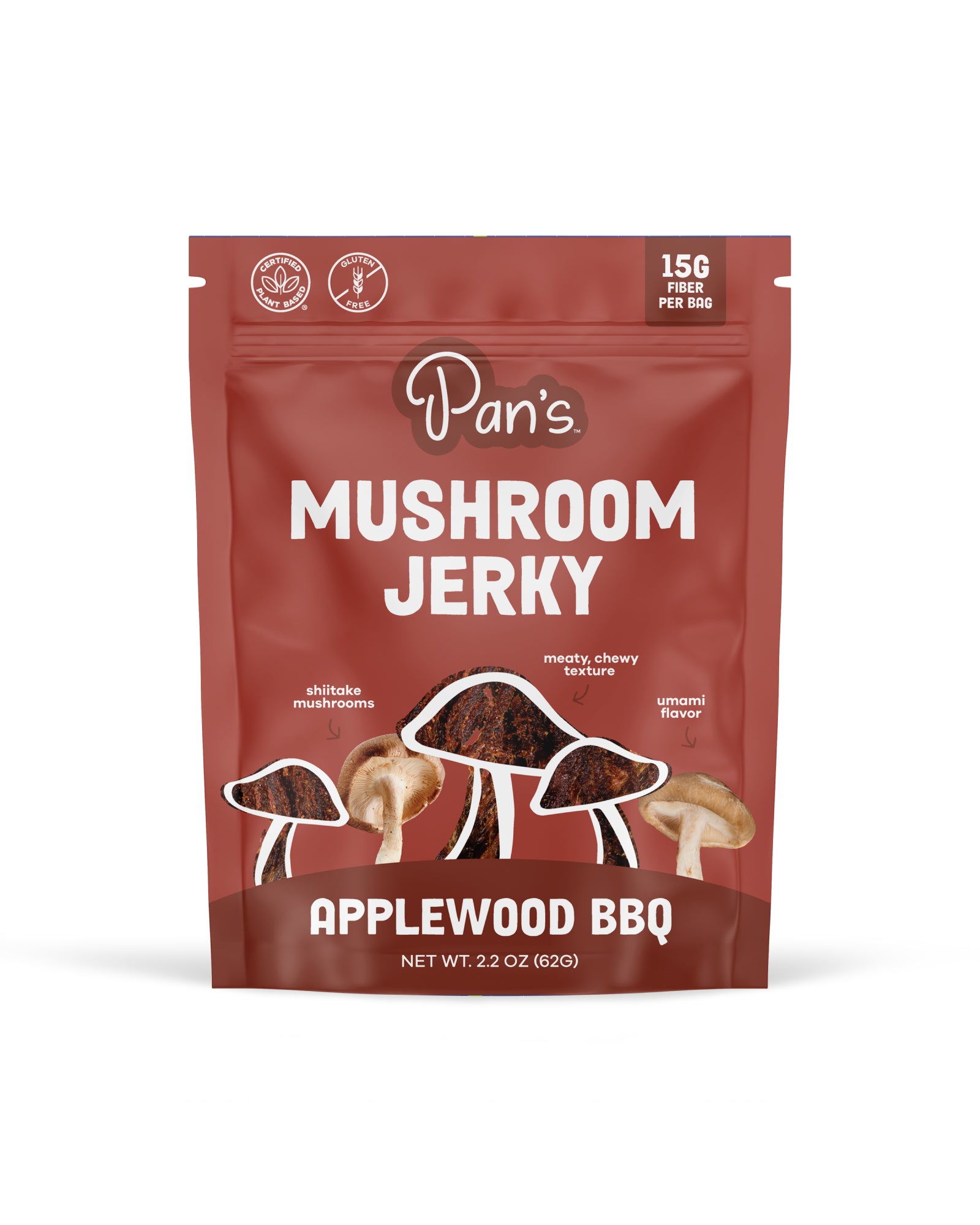 The front of Pan's Mushroom Jerky Applewood BBQ Mushroom Jerky