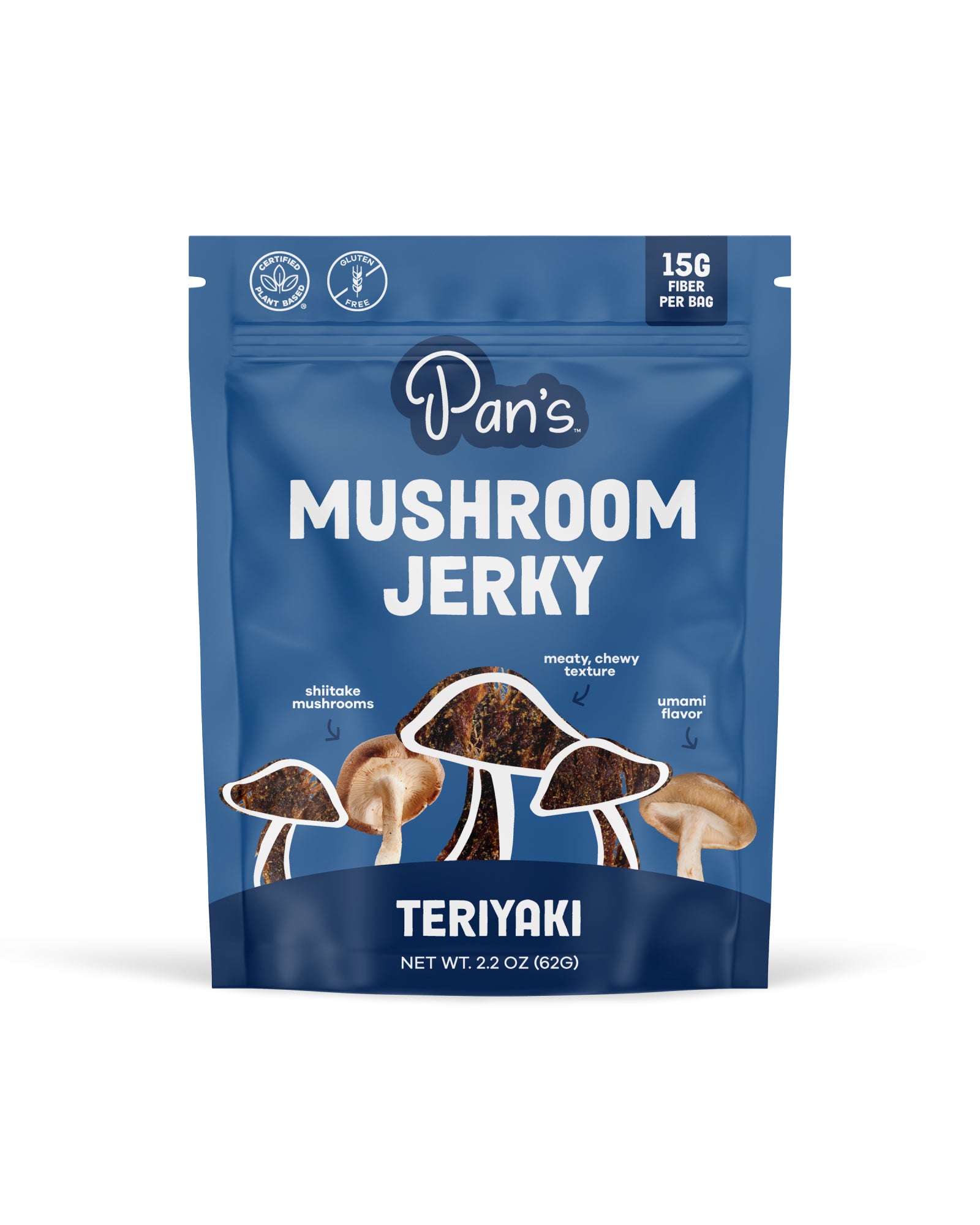 The front of Pan's Mushroom Jerky Teriyaki Mushroom Jerky