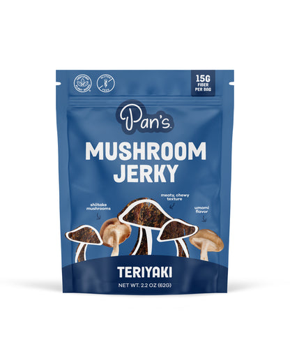 The front of Pan's Mushroom Jerky Teriyaki Mushroom Jerky