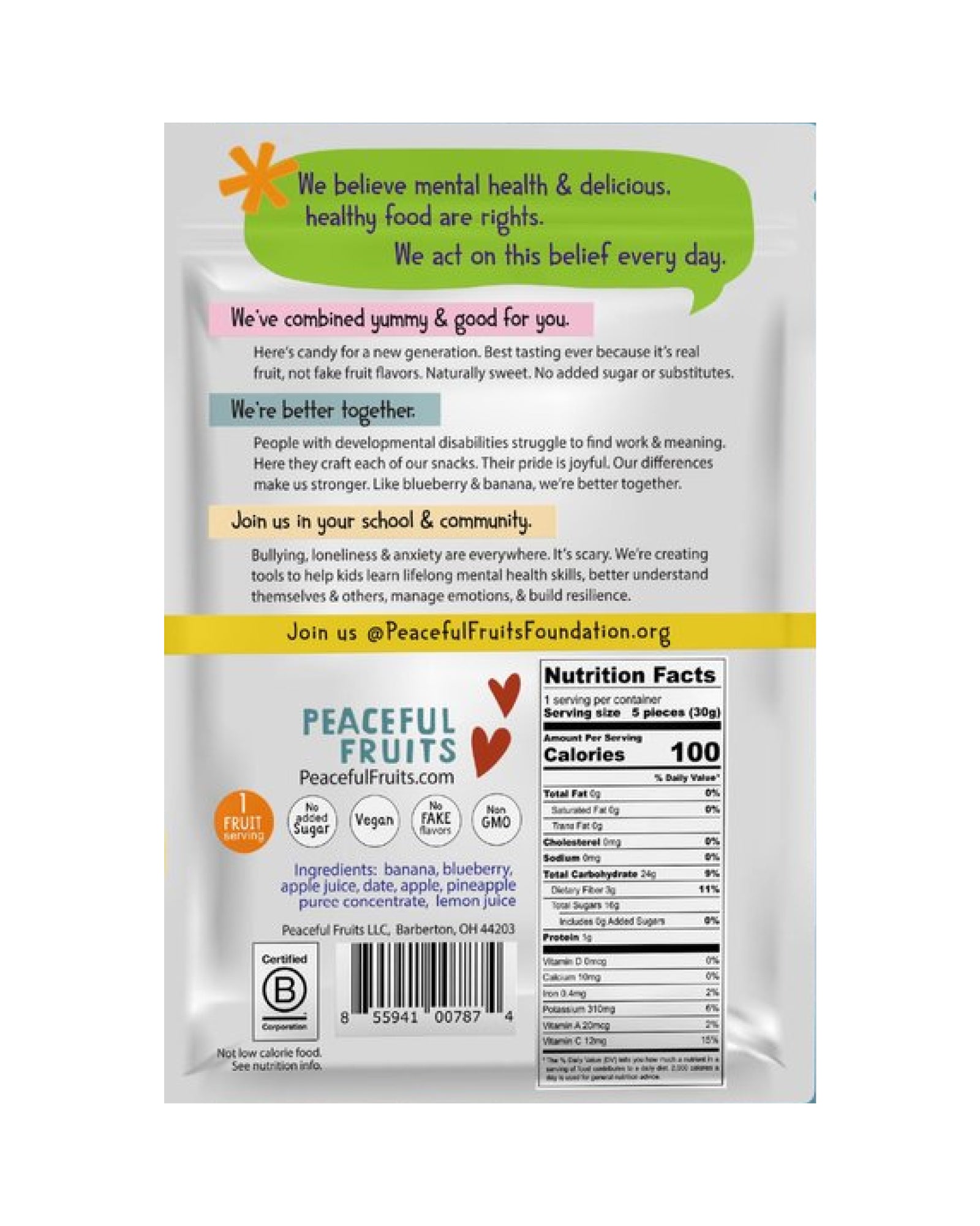 The back of Peaceful Fruits Blueberry & Banana Peel-n-Eat Fruit Stickers - 6 pack