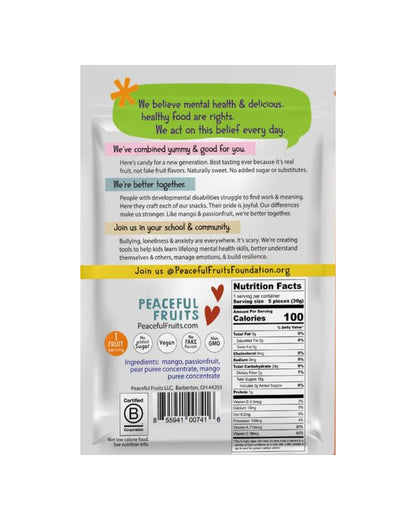 The back of Peaceful Fruits Mango & Passionfruit Peel-n-Eat Fruit Stickers - 6 pack