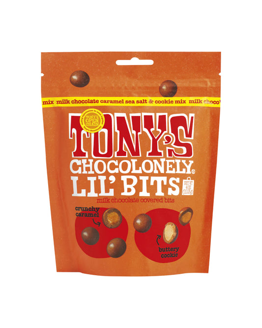 The front of Tony's Chocolonely Lil'Bits Milk Chocolate Caramel Sea Salt & Cookie