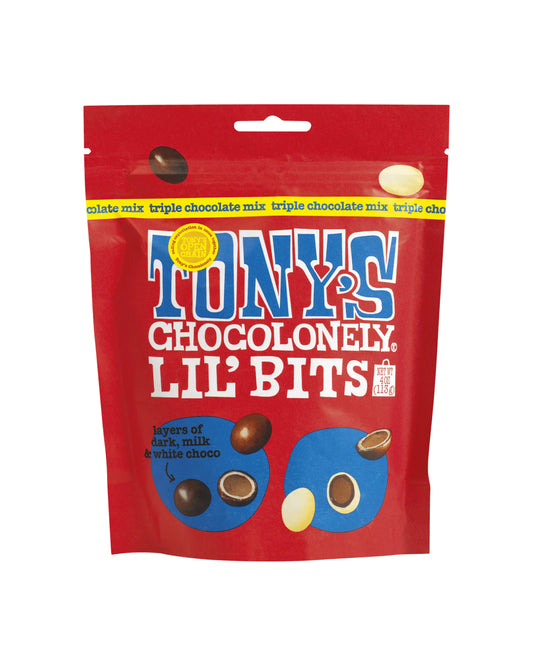 The front of Tony's Chocolonely Lil'Bits Triple Chocolate