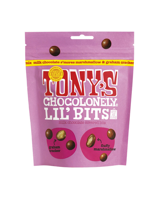 The front of Tony's Chocolonely Lil'Bits Milk Chocolate S’mores