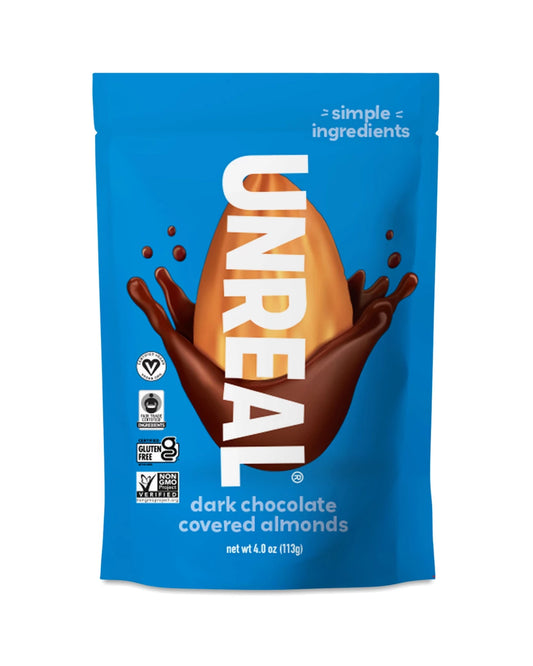 The front of UNREAL Dark Chocolate Almonds