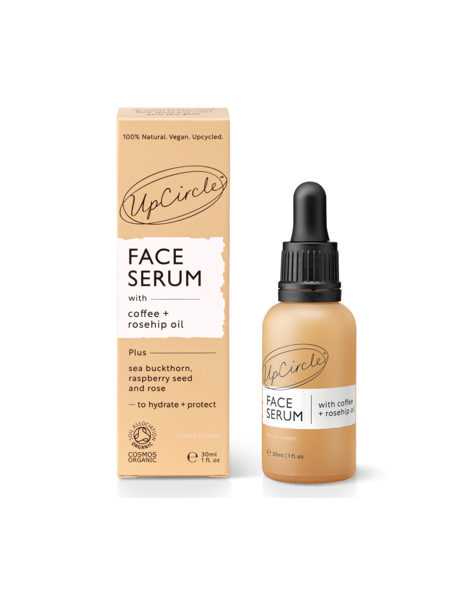 The nutrition panel of UpCircle Beauty Organic Face Serum with Coffee + Rosehip Oil