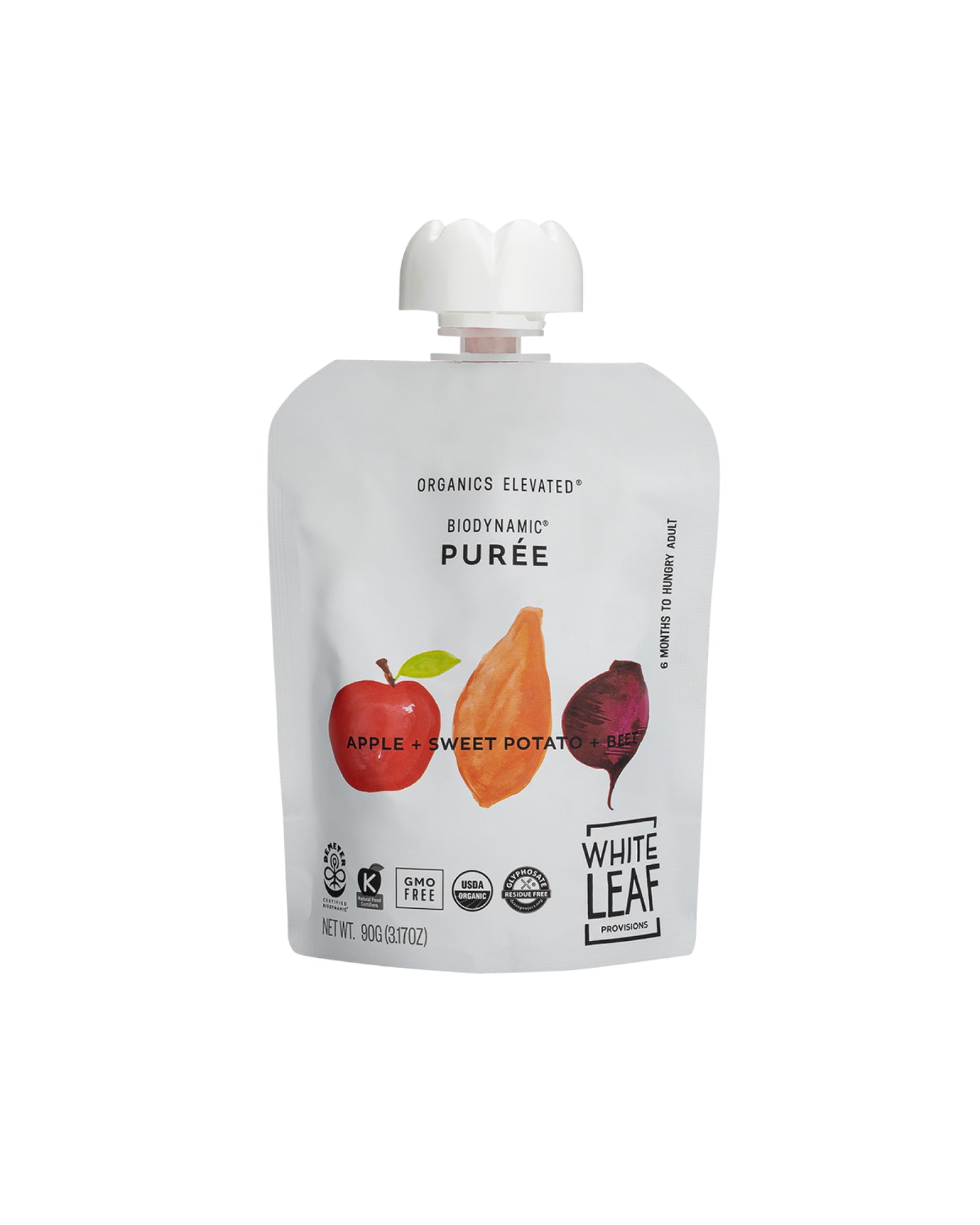 The front of White Leaf Provisions Apple + Sweet Potato + Beet Organic, Biodynamic® Baby Food - Box of 6