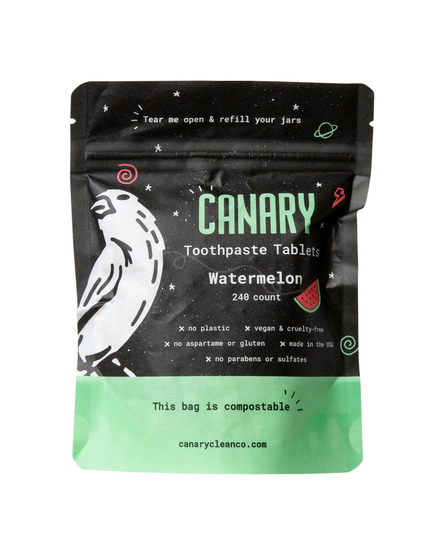 The front of Canary Watermelon Toothpaste Tablets