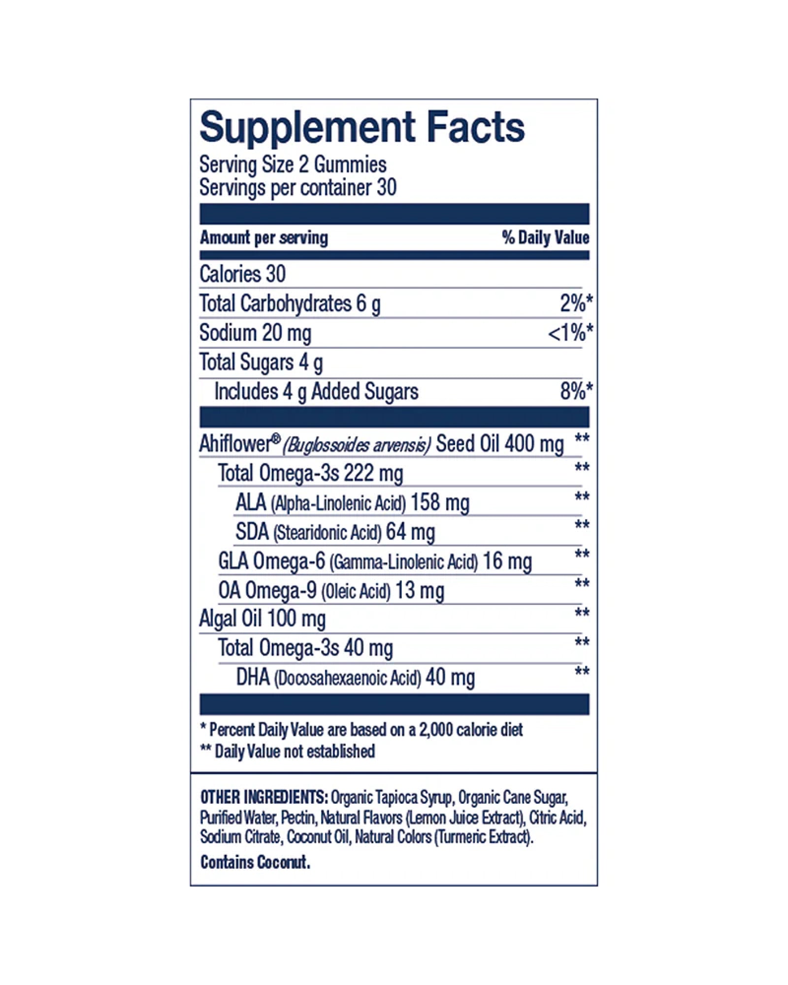 The nutrition panel of Wiley's Finest Lemon Vegan Omega-3 Gummies