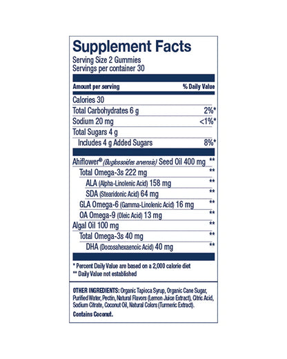 The nutrition panel of Wiley's Finest Lemon Vegan Omega-3 Gummies