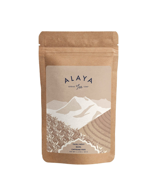 The front of Alaya Tea Loose Leaf Tulsi