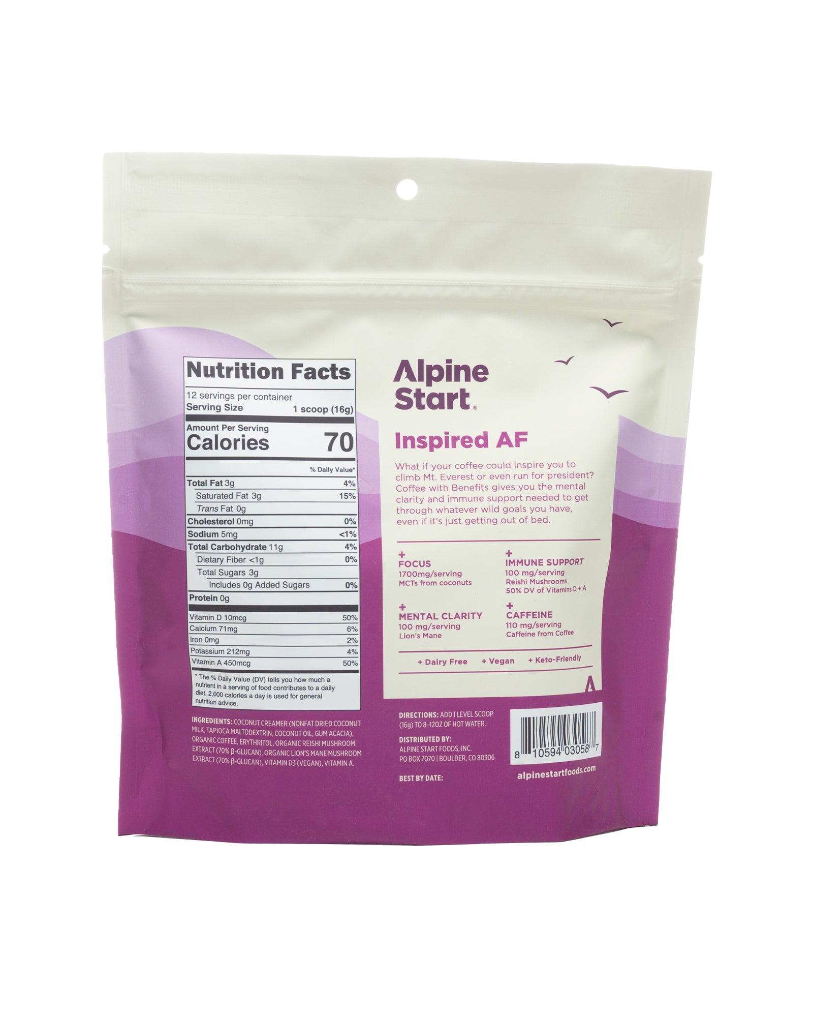 The back of Alpine Start Foods Instant Coffee with Immunity + Focus