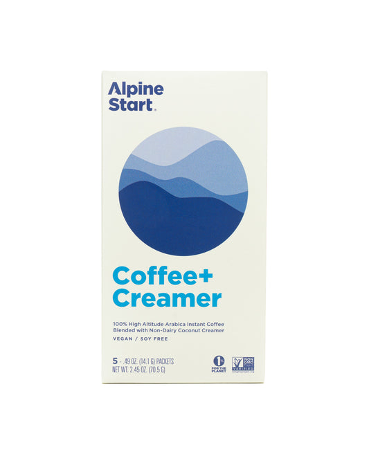 The front of Alpine Start Foods Instant Coffee with Coconut Creamer - Box of 5