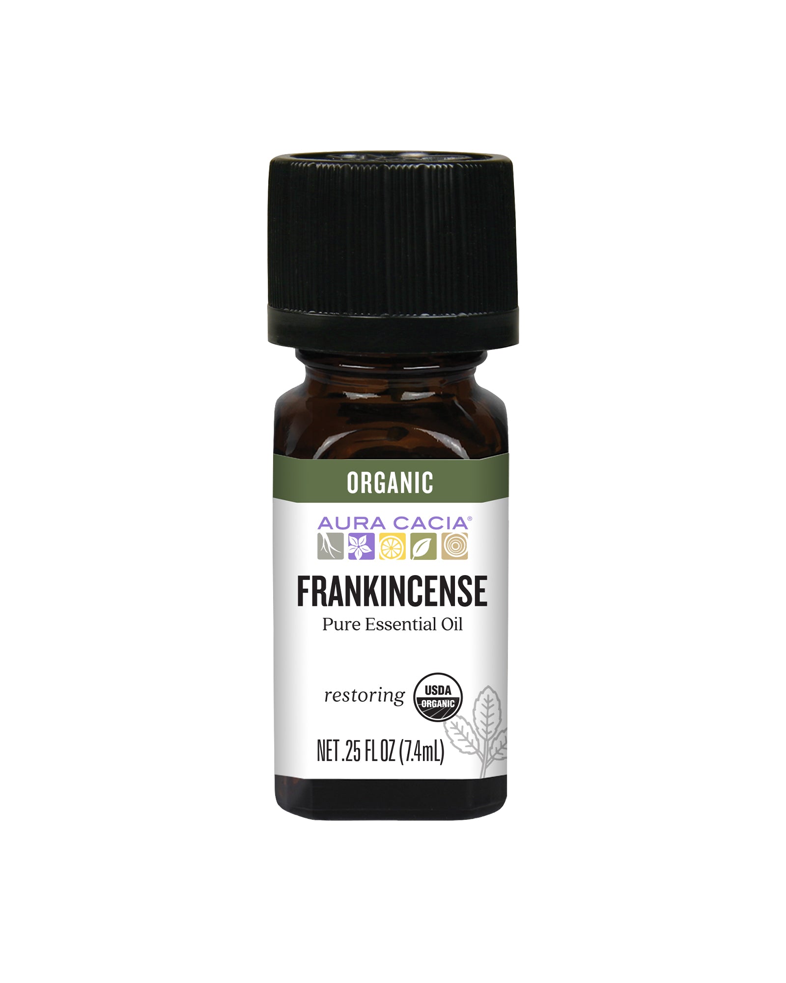 The front of Aura Cacia Organic Frankincense Essential Oil