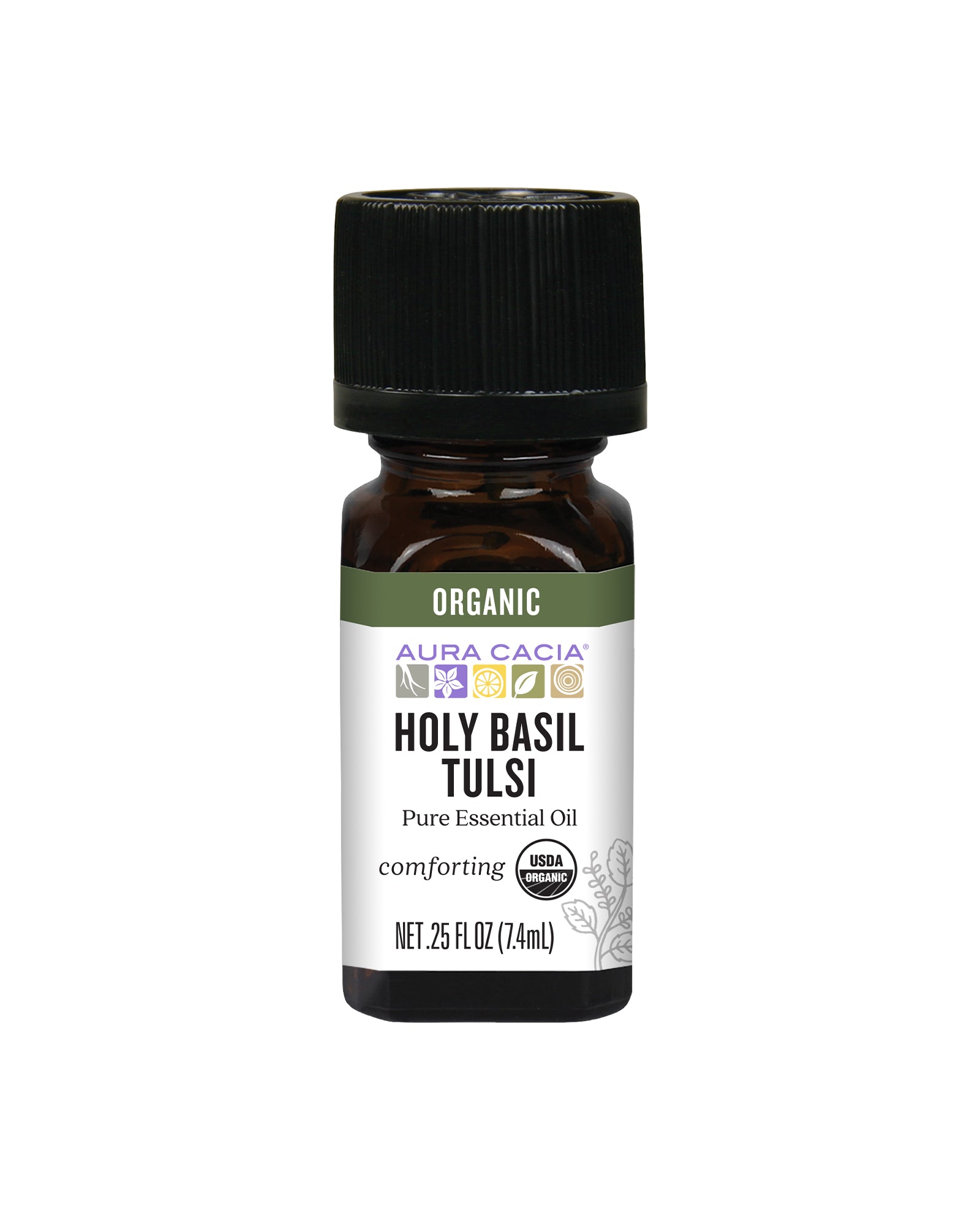 The front of Aura Cacia Organic Holy Basil Essential Oil