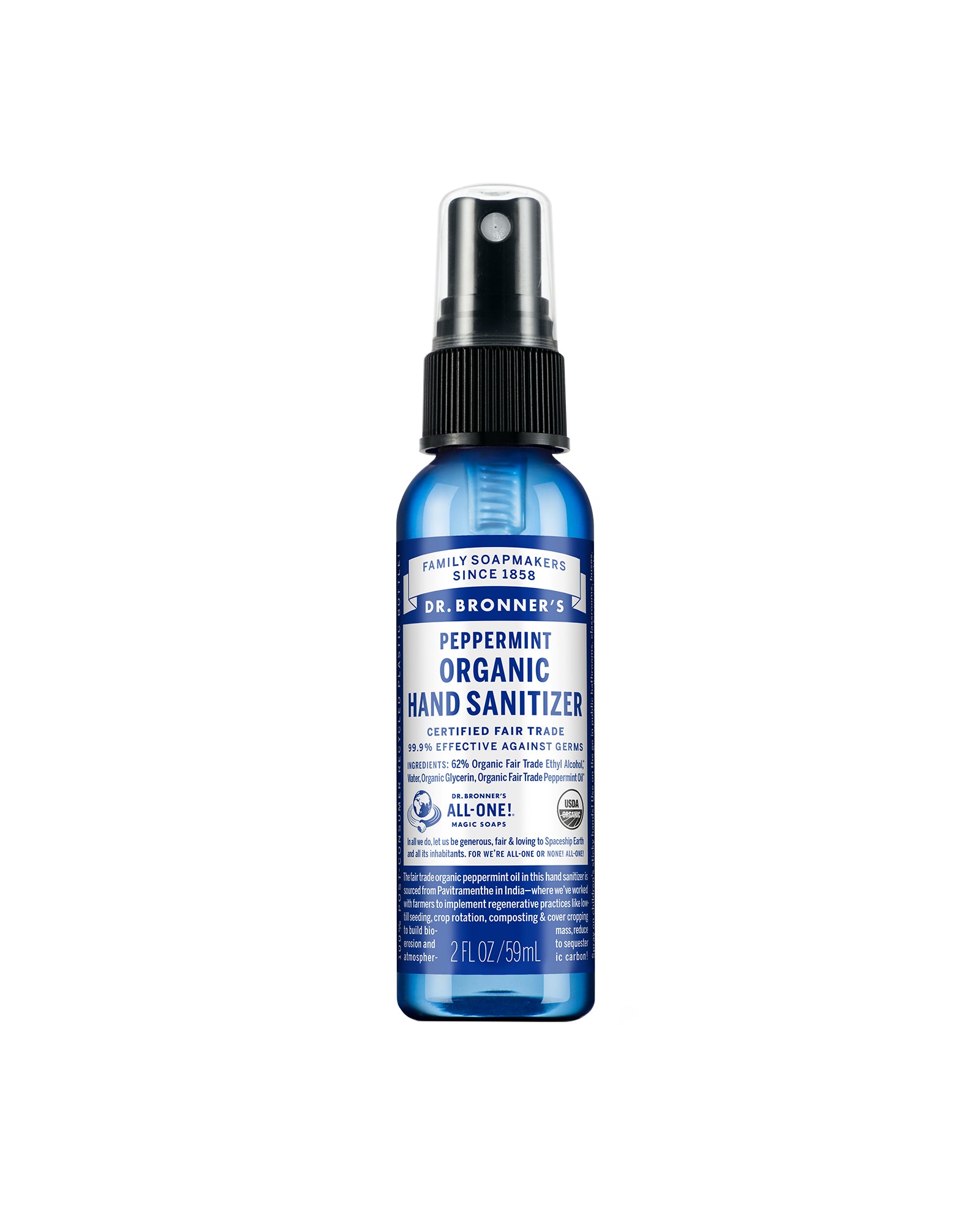 The front of Dr. Bronner's Peppermint Hand Sanitizer