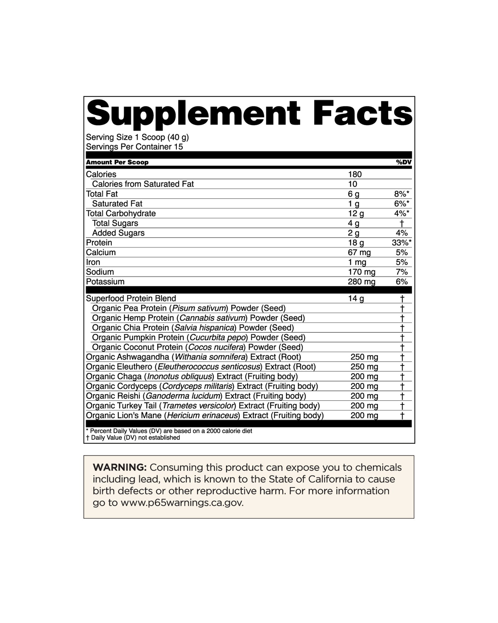 The nutrition panel of Four Sigmatic Peanut Butter Plant-Based Protein Powder with Superfoods