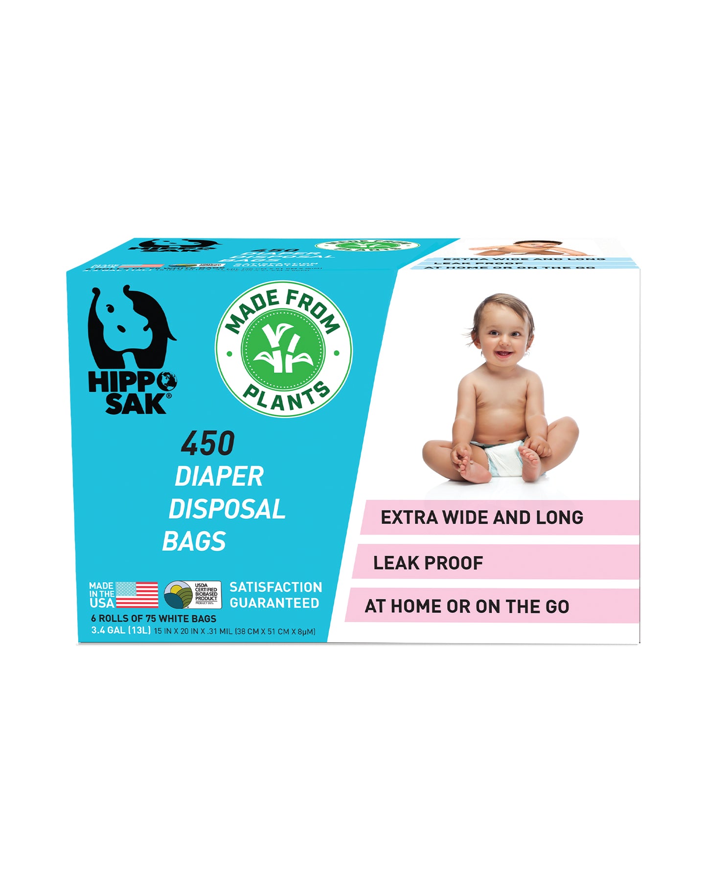 Hippo Sak Plant-Based Diaper Disposal Bags, 450 Count
