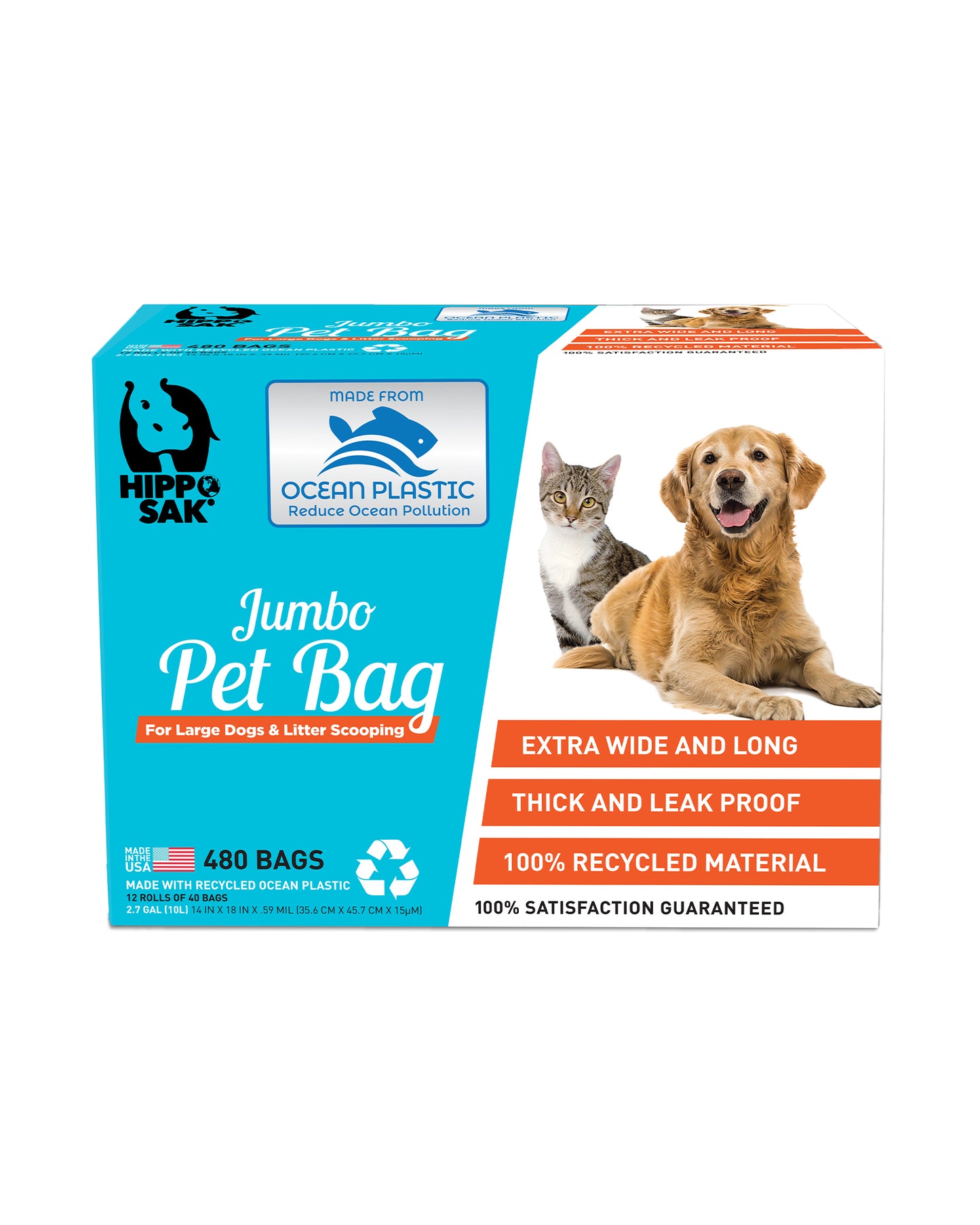 Hippo Sak Extra Large Pet Poop Bags, Made with Recycled Ocean Plastic, 480 Count