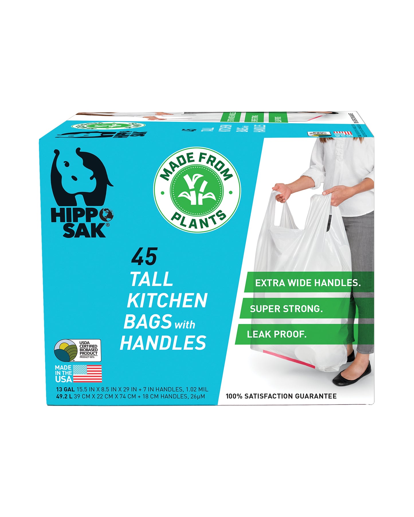 Plant Based - Hippo Sak Tall Kitchen Bags with Handles 13 Gallon (90 Count)