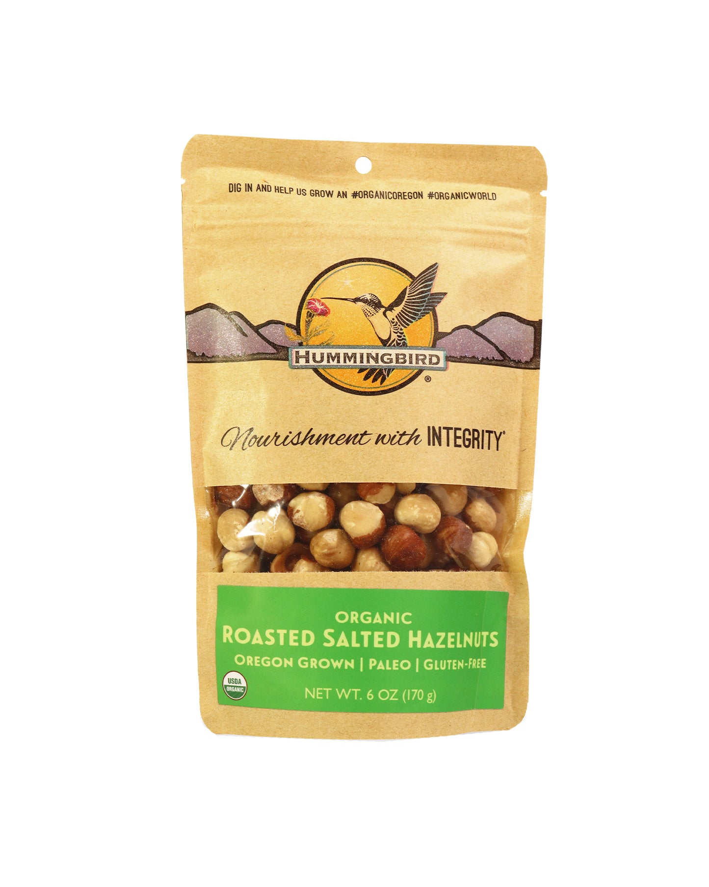 The front of Hummingbird Organic Roasted Salted Hazelnuts