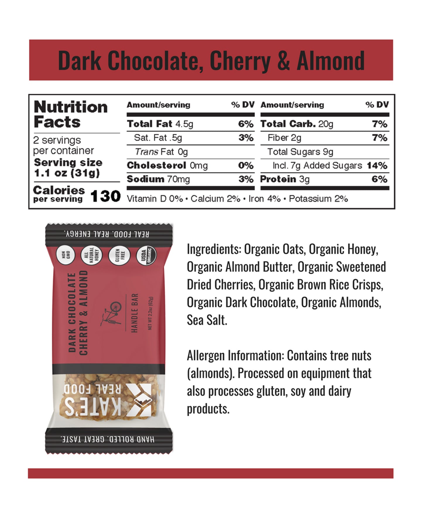 Dark Chocolate Cherry & Almond Organic Granola Bars - Box of 12