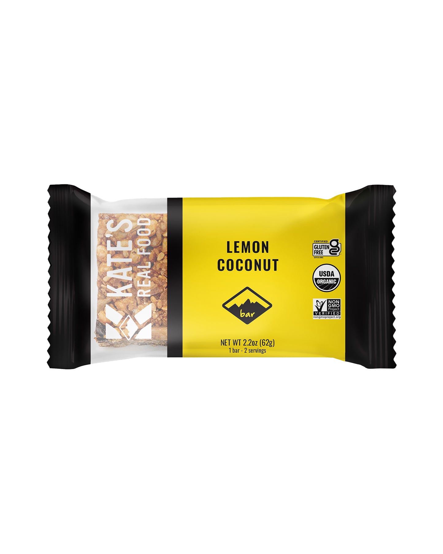 The front of Kate's Real Food Lemon Coconut & Ginger Organic Granola Bars- Box of 12