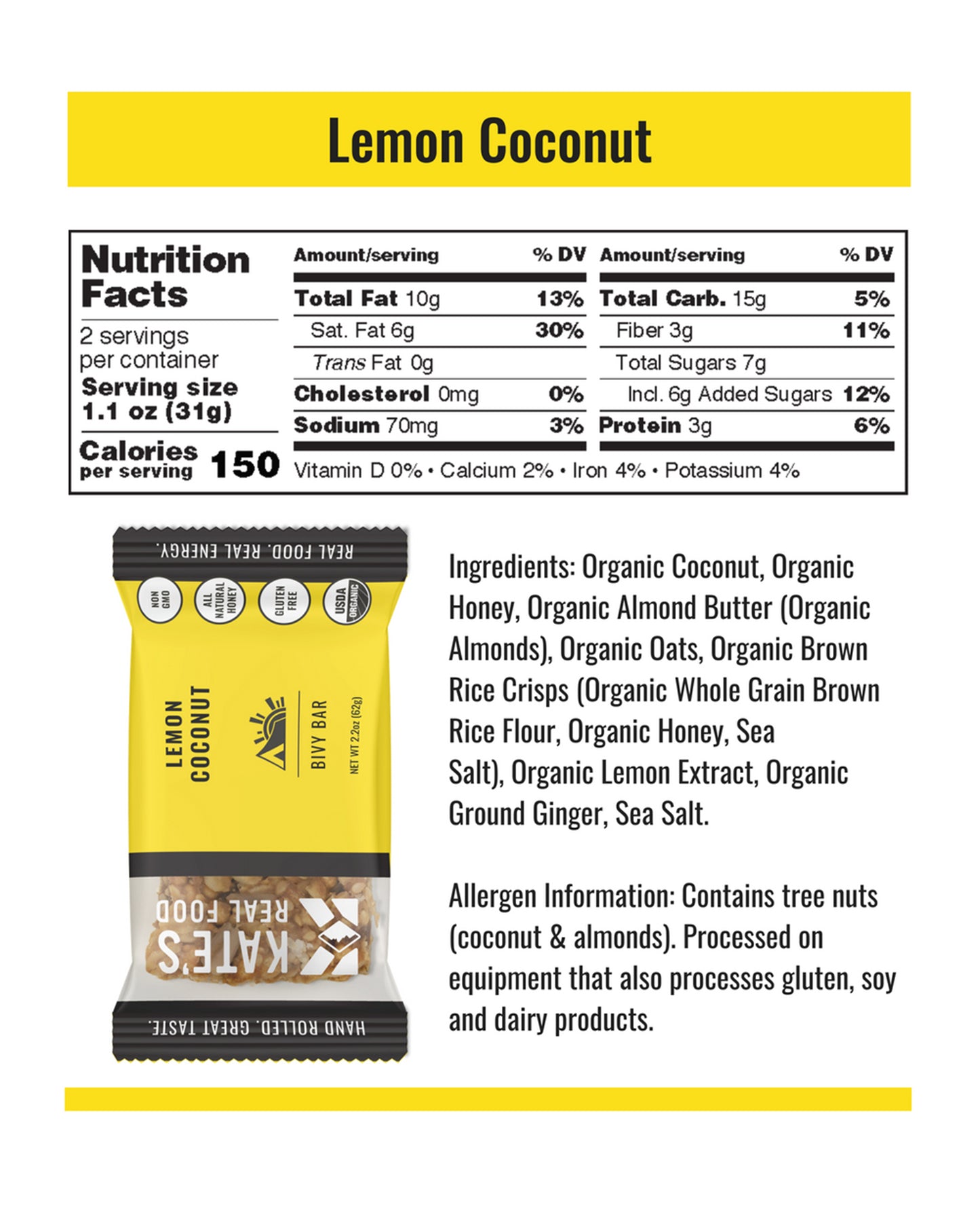 Lemon Coconut & Ginger Organic Granola Bars- Box of 12