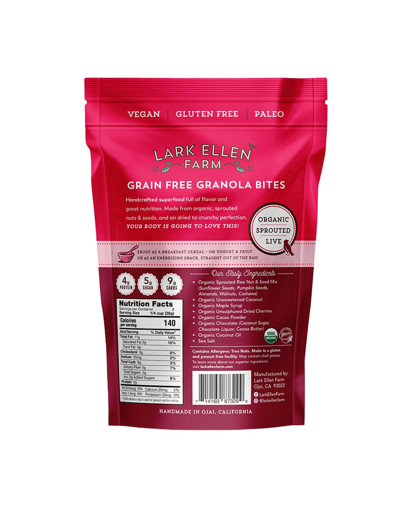 The back of Lark Ellen Farm Grain-Free Cacao Cherry Sprouted Nut & Seed Granola