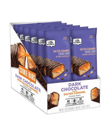 The front of Little Secrets Dark Chocolate & Caramel Cookie Bar - Box of 12