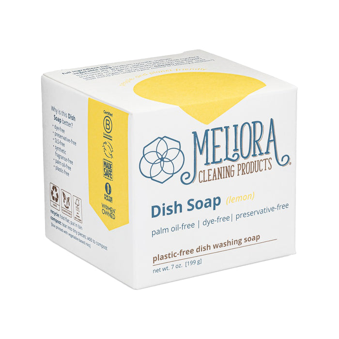 The front of Meliora Lemon Dish Soap Bar