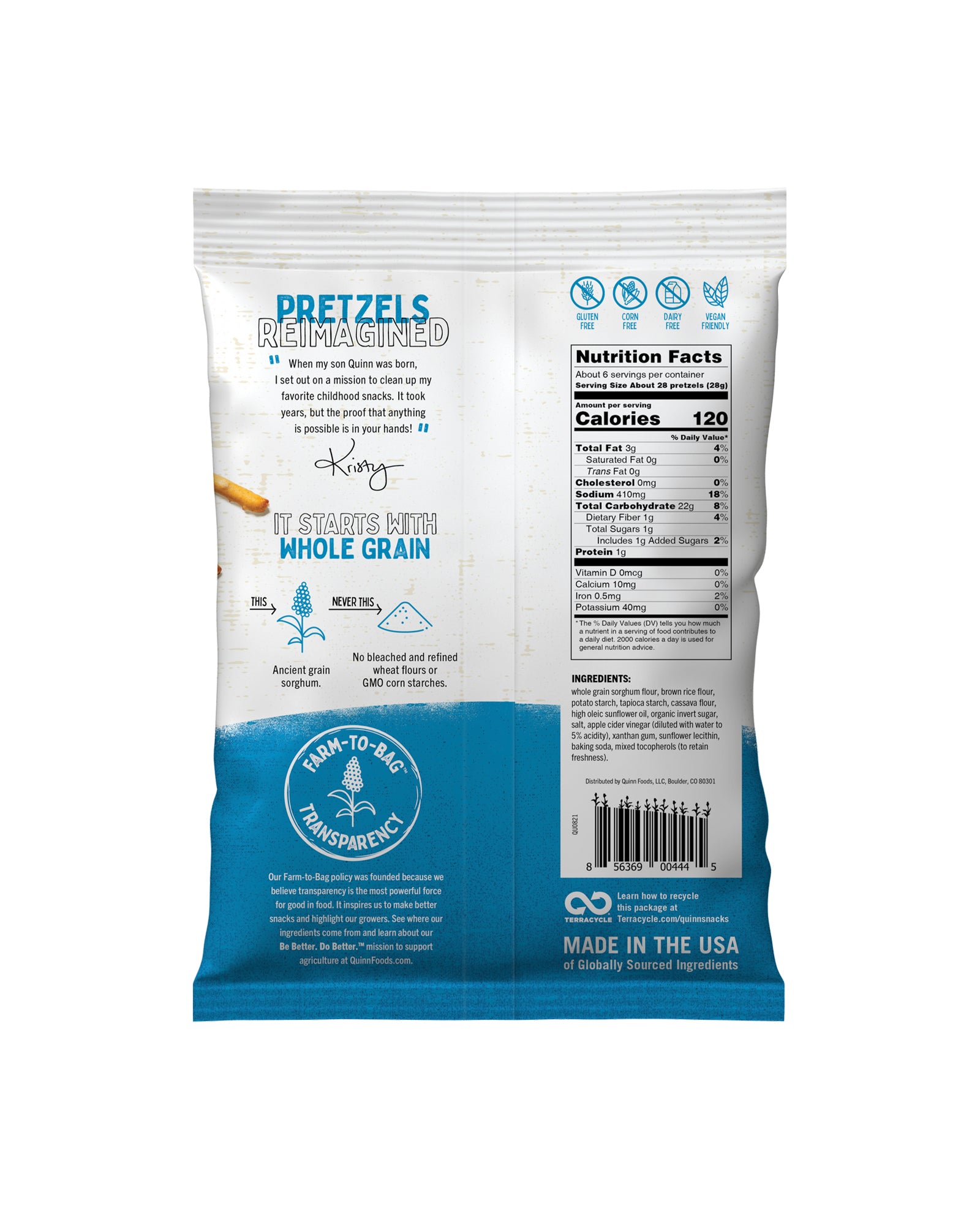 The back of Quinn Foods Classic Sea Salt Pretzel Sticks
