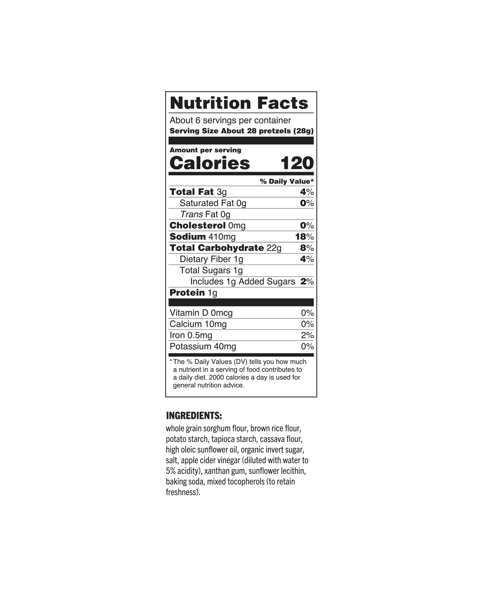 The nutrition panel of Quinn Foods Classic Sea Salt Pretzel Sticks