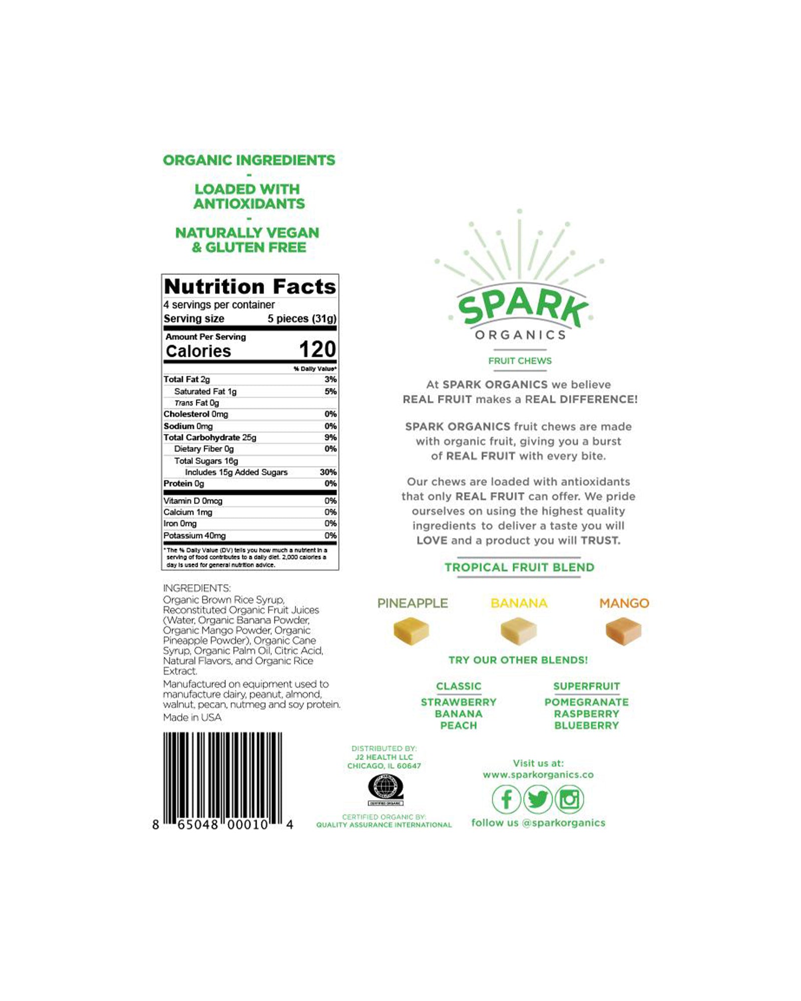 The back of Spark Organics Pineapple, Banana & Mango Fruit Chews