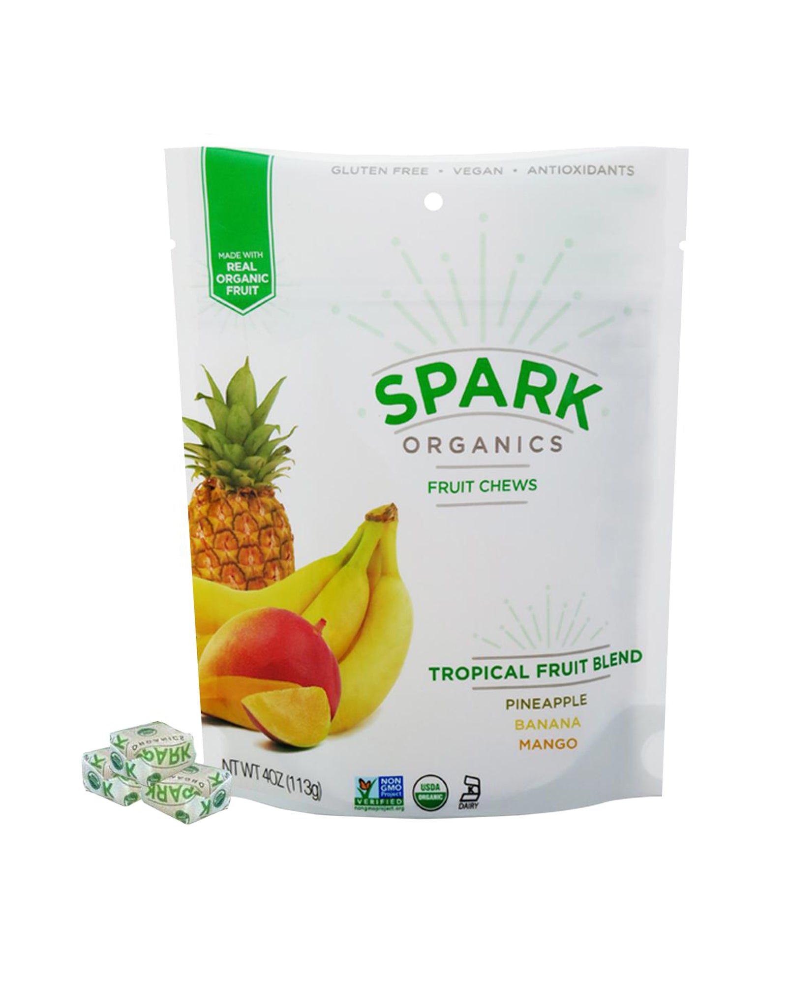 The front of Spark Organics Pineapple, Banana & Mango Fruit Chews