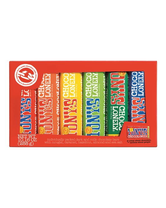 The front of Tony's Chocolonely Rainbow Chocolate Gift Box