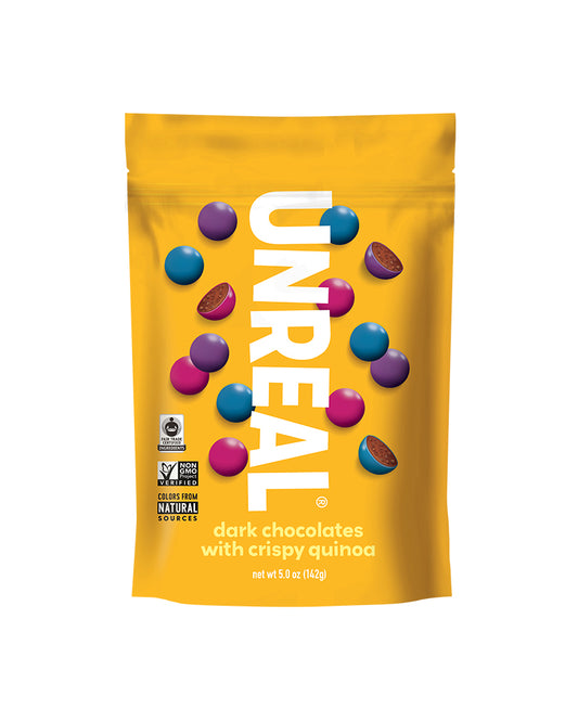 The front of UNREAL Dark Chocolate Crispy Quinoa Gems