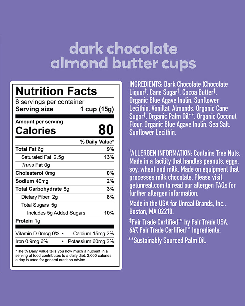 The nutrition panel of UNREAL Dark Chocolate Almond Butter Cups